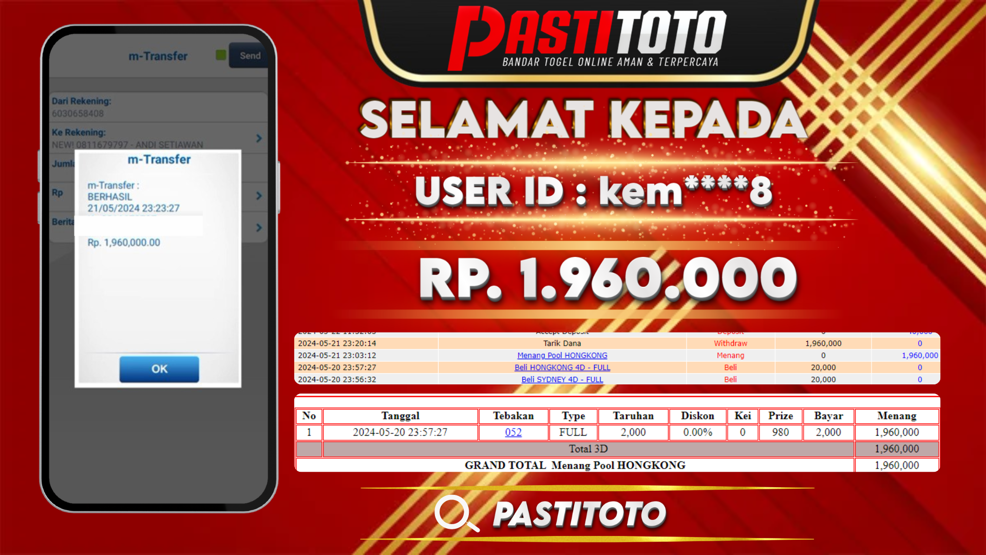 PASTITOTO JACKPOT TOGEL HONGKONG RP. 1.960.000,- LUNAS