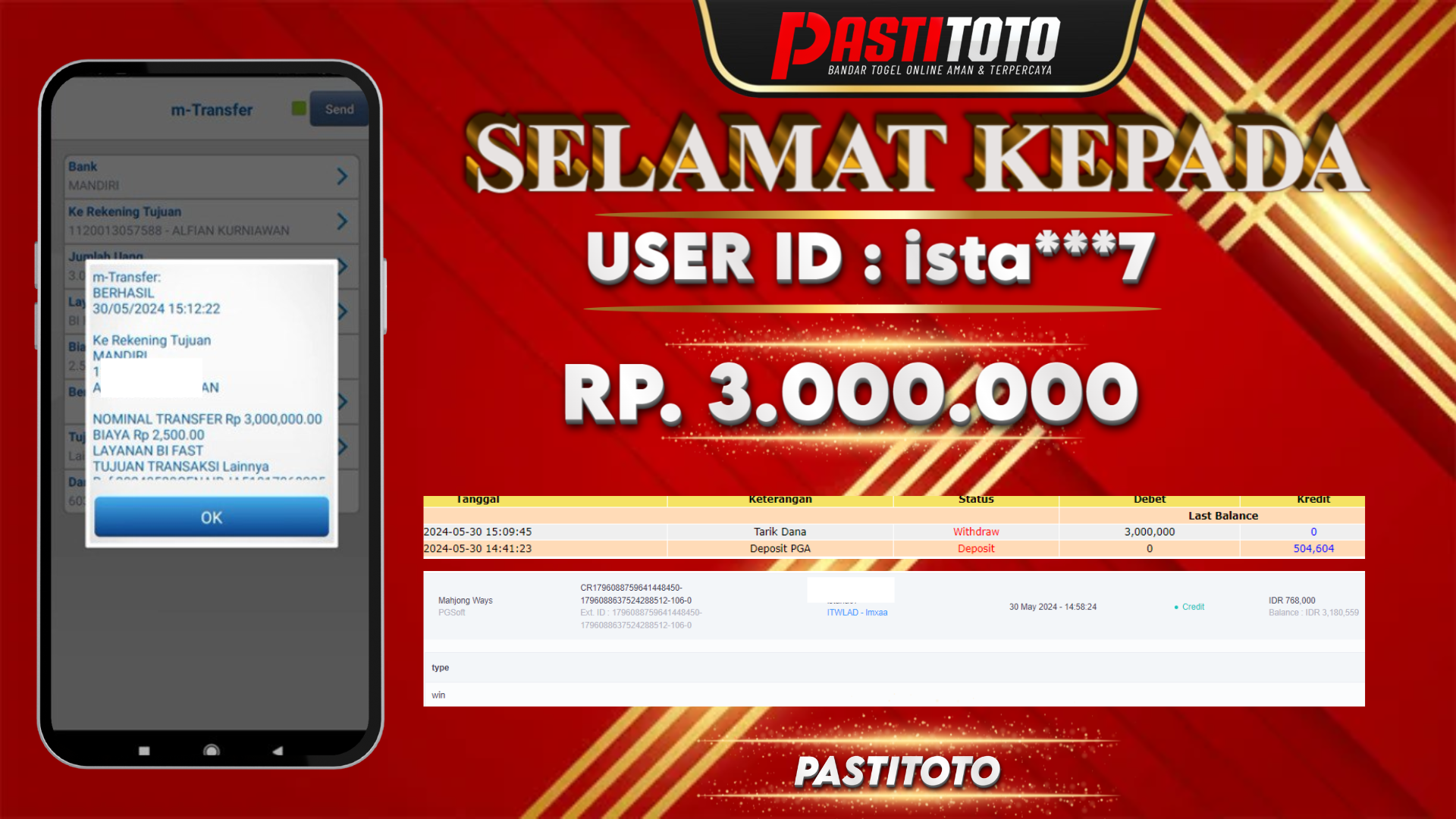 PASTITOTO JACKPOT SLOT GAME RP. 3.000.000,- LUNAS
