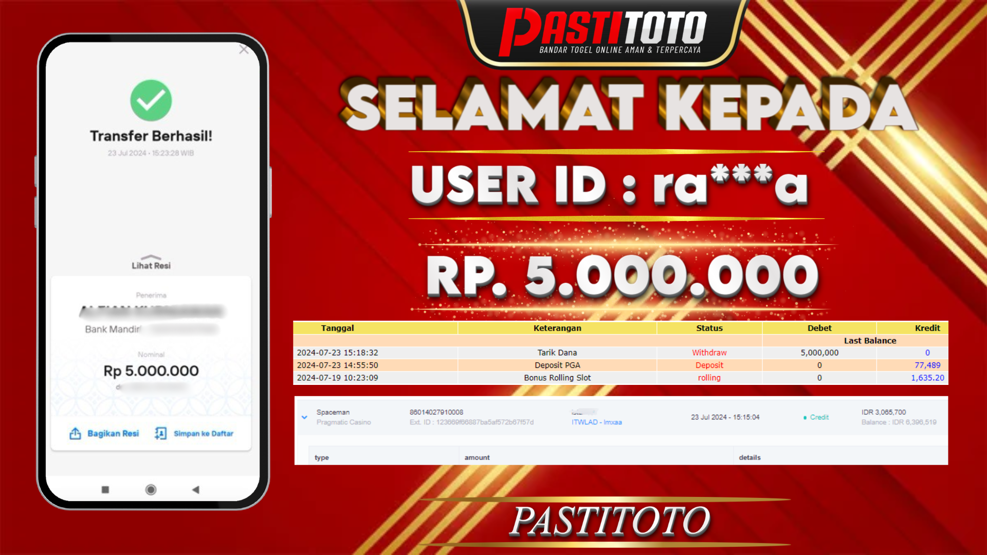 PASTITOTO JACKPOT SLOT GAME RP. 5.000.000,- LUNAS