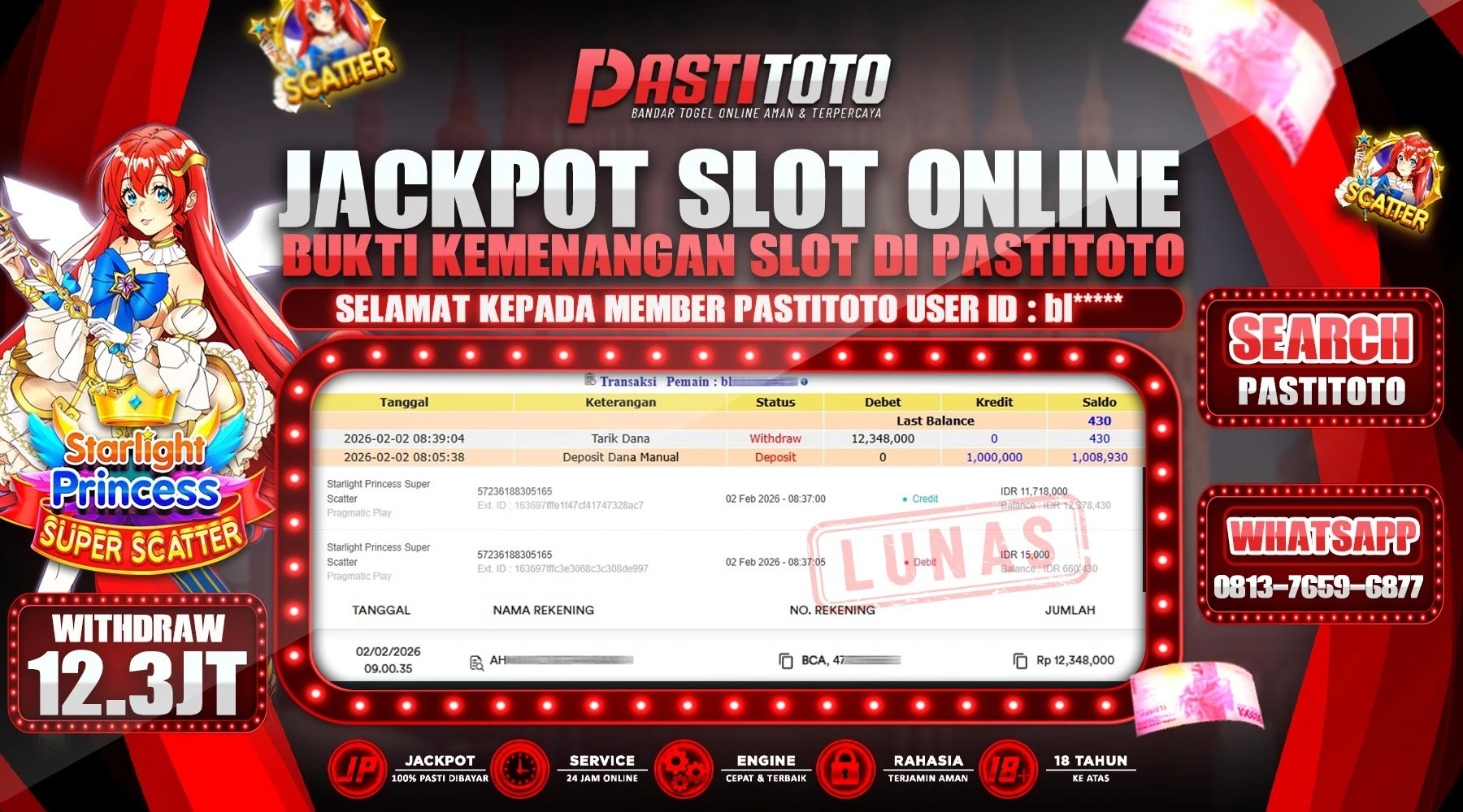 PASTITOTO JACKPOT SLOT STARLIGHT PRINCESS RP. 12.300.000,- LUNAS