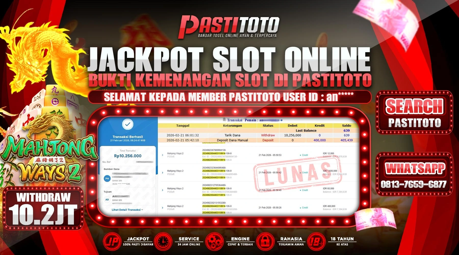 PASTITOTO JACKPOT SLOT MAHJONG WAYS 2 RP. 10.200.000,- LUNAS