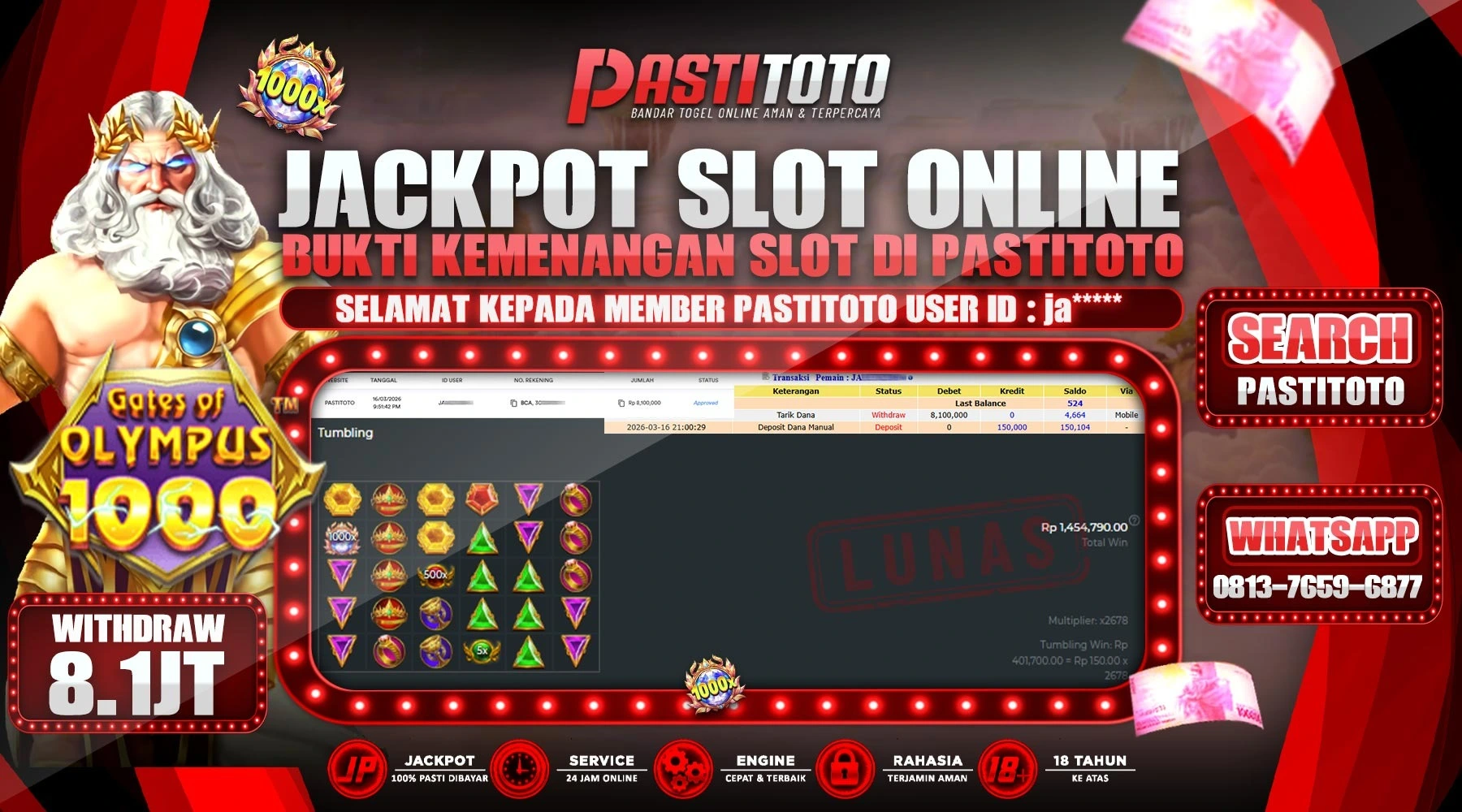 PASTITOTO JACKPOT SLOT GATES OF OLYMPUS 1000 RP. 8.100.000,- LUNAS