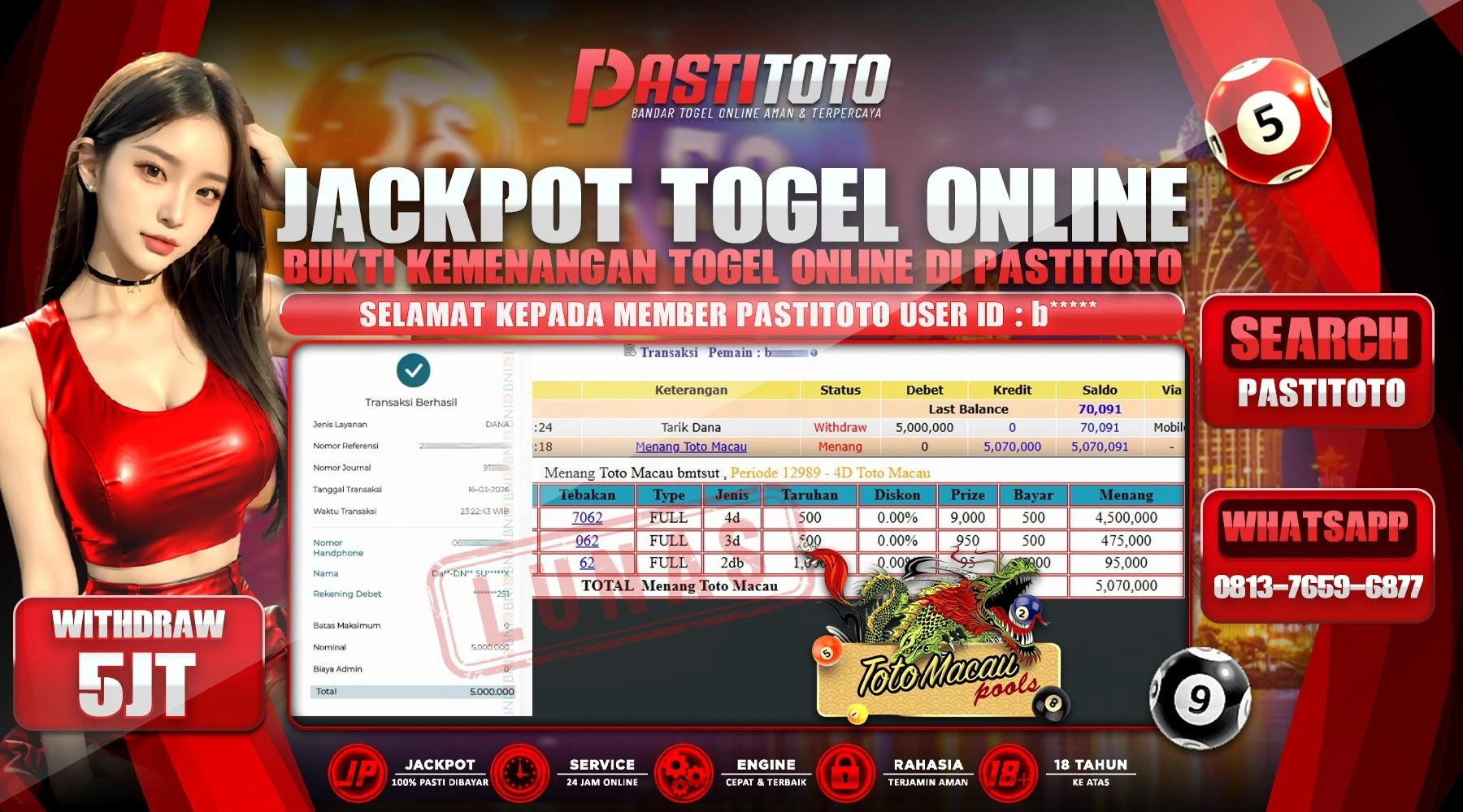 PASTITOTO JACKPOT TOGEL TOTO MACAU RP. 5.000.000,- LUNAS