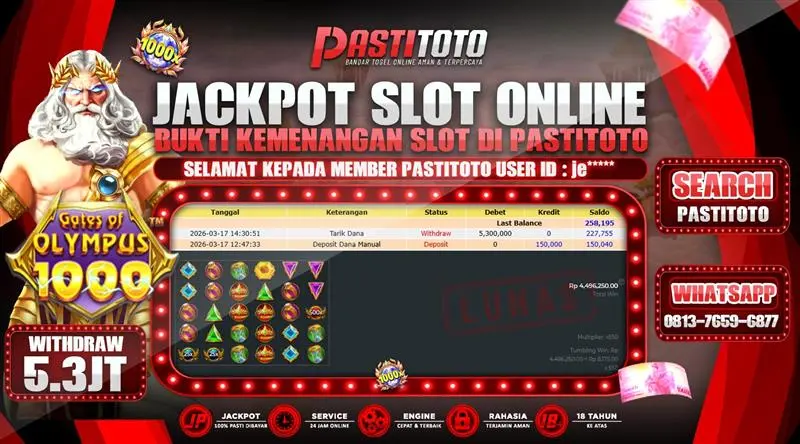 PASTITOTO JACKPOT SLOT GATES OF OLYMPUS 1000 RP. 5.300.000,- LUNAS