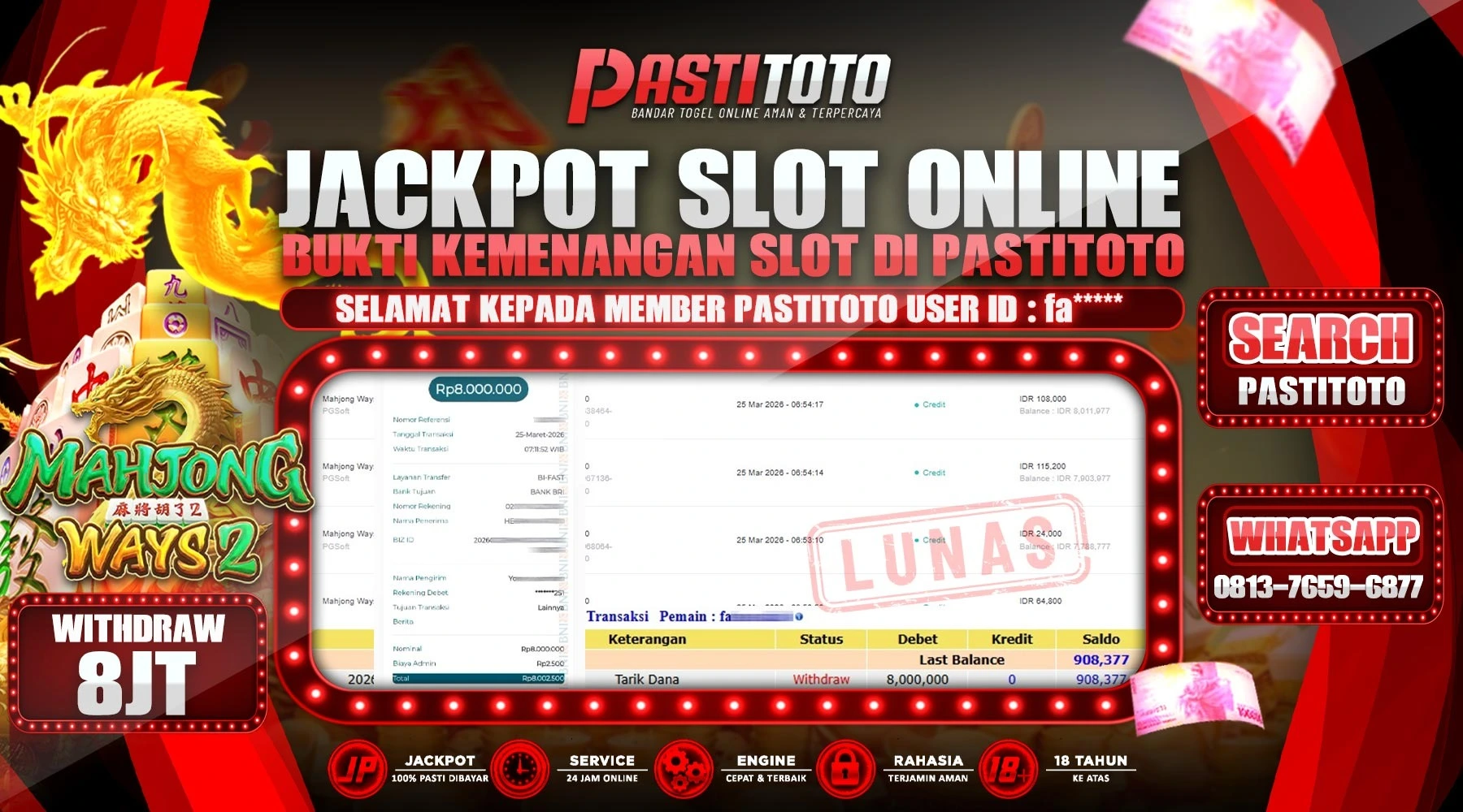 PASTITOTO JACKPOT SLOT MAHJONG WAYS 2 RP. 8.000.000,- LUNAS