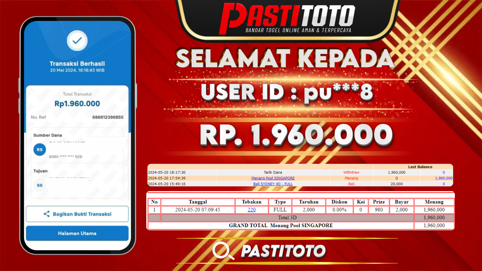 PASTITOTO JACKPOT TOGEL SINGAPORE RP. 1.960.000,- LUNAS